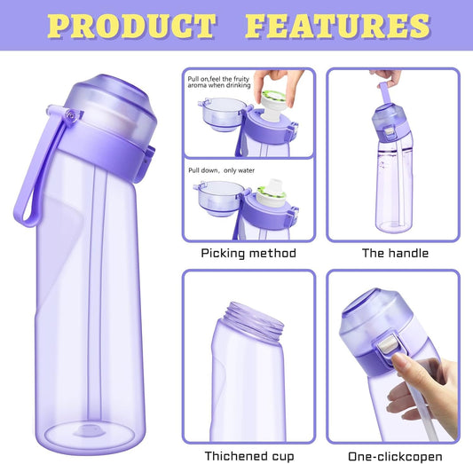 Air-water bottle, BPA-free, 650 ml, fruit-scented, water bottle with 5 flavors, leak-proof, sports water cup with straw, violet.