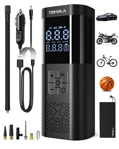 TEMOLA TN10 Electric air pump, Portable battery compressor with pressure gauge 150PSI, Electric air pump DC12V, Bike pump electric with auto-stop for cars, bikes, motorcycles, & balls.