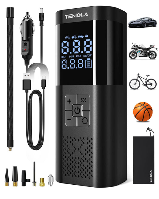 TEMOLA TN10 Electric air pump, Portable battery compressor with pressure gauge 150PSI, Electric air pump DC12V, Bike pump electric with auto-stop for cars, bikes, motorcycles, & balls.