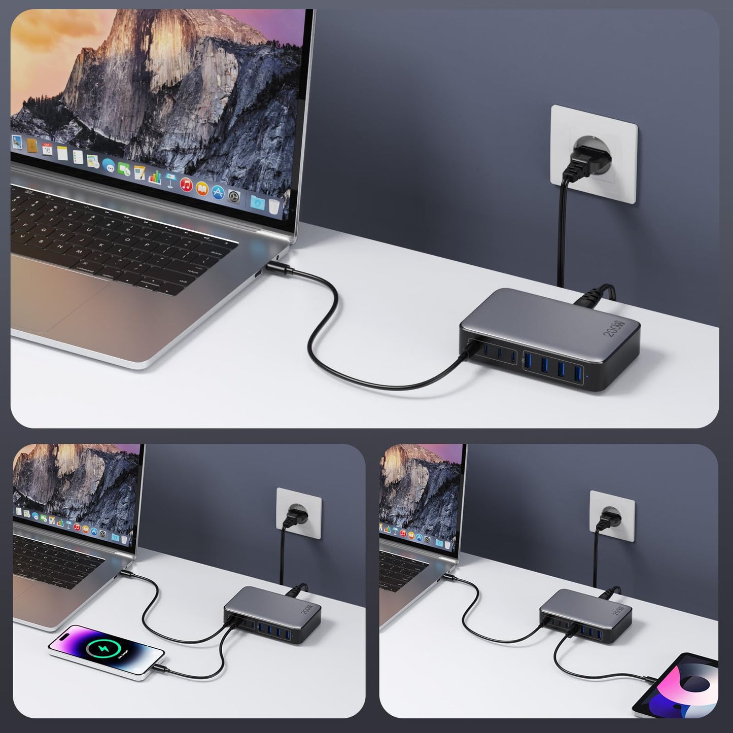 Feob 200W USB C Charger Multi, GaN III 8-Port Fast Charger PPS PD 65W Charger Adapter Fast Charging Station with USB-A power adapter for MacBook, iPhone, SteamDeck, Smartphones
