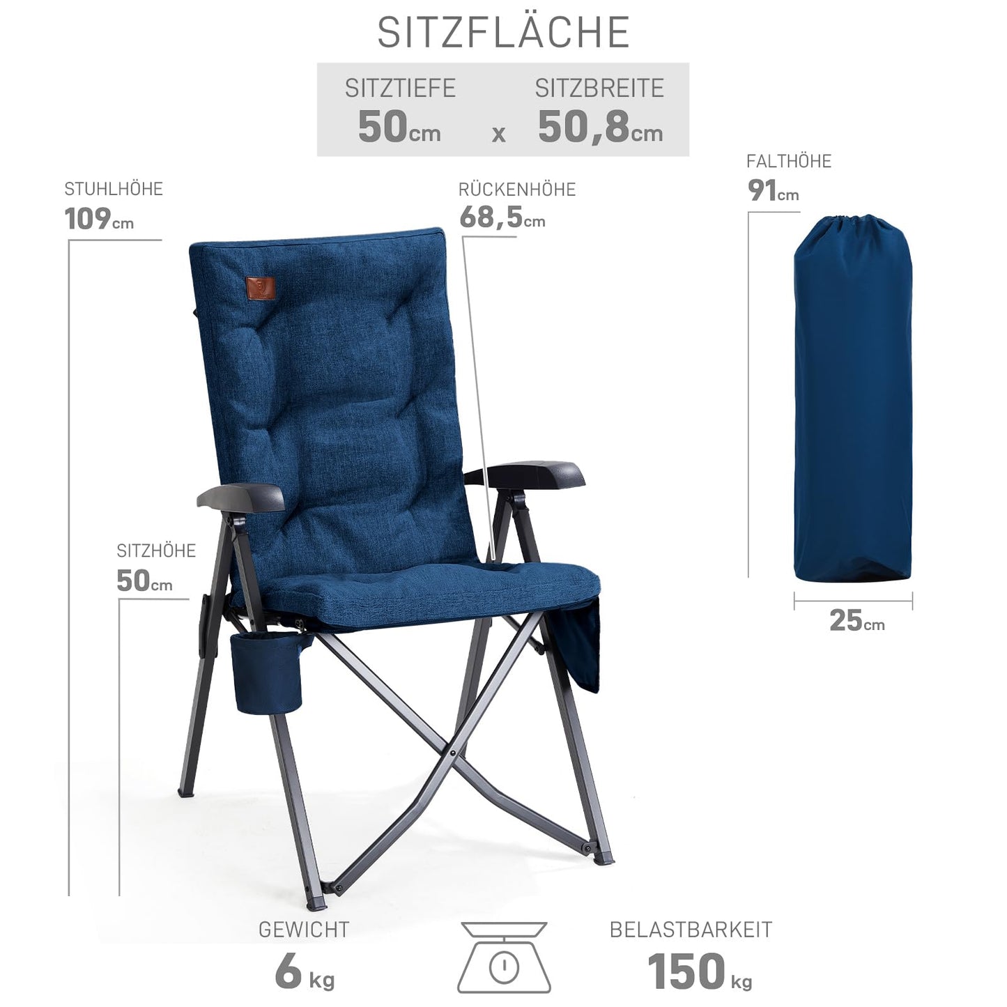 EVER ADVANCED Folding Camping Chair with 4-Position Adjustable Backrest, up to 150 KG Capacity. Padded with 6cm thickness, featuring a side pocket and cup holder. High backrest for camping, garden, or balcony use.