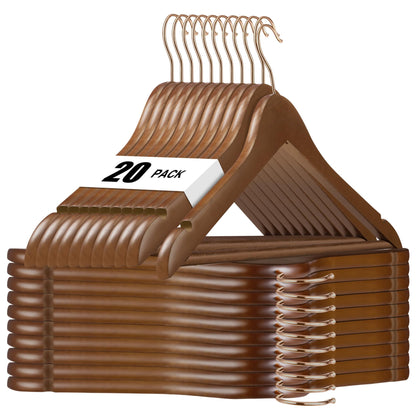 HOUSE DAY Wooden Hangers, 20 Pack Wood Clothes Hangers, Walnut Hangers for Suits, 360° Rotating Hook in Rose Gold, Non-Slip, Shoulder Notches.