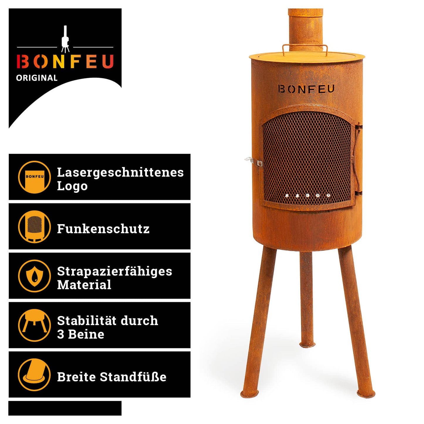 BonFeu Bongiano SP rust - patio fireplace - fire pit with spark protection for relaxing evenings - outdoor fire column - patio fireplace with grill grate - garden oven made of high-quality steel - 30x30x142cm