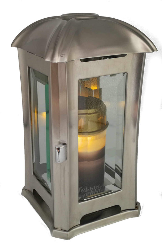 Grave lantern, grave lamp, stainless steel grave light with faceted glass panes including LED grave light 24 cm ... (brushed matte)