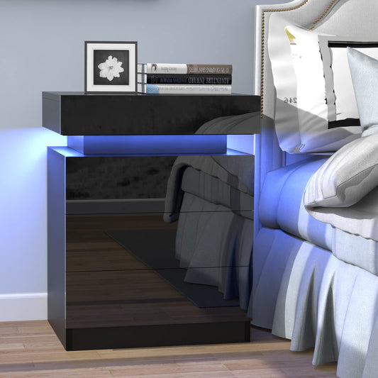 Lvhcmfohm Black Nightstand with LED Light, Bedside Table with 3 Drawers and 16 Color Illumination (45x35x61cm)