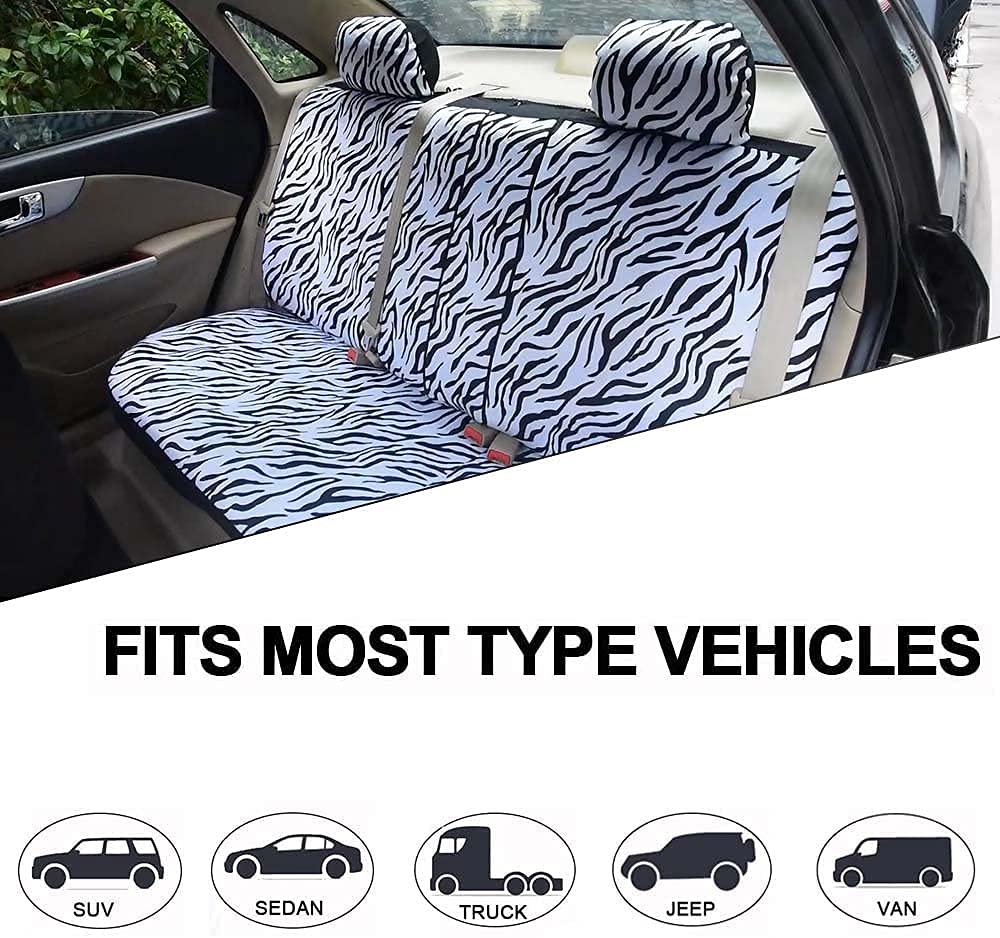 Zebra car seat covers, complete set for front and back seats, includes 2 seat belt pads and universal 15 inch steering wheel cover, fits cars, trucks, SUVs or vans, designed for women (Zebra)