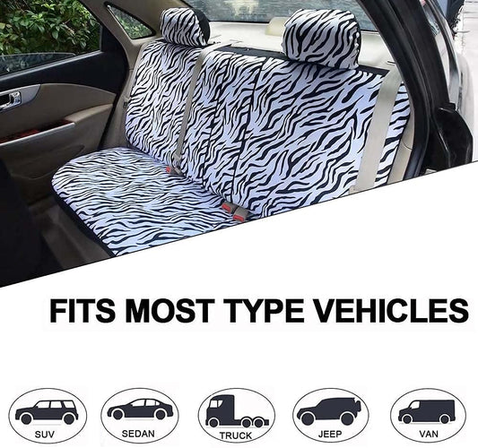 Zebra car seat covers, complete set for front and back seats, includes 2 seat belt pads and universal 15 inch steering wheel cover, fits cars, trucks, SUVs or vans, designed for women (Zebra)