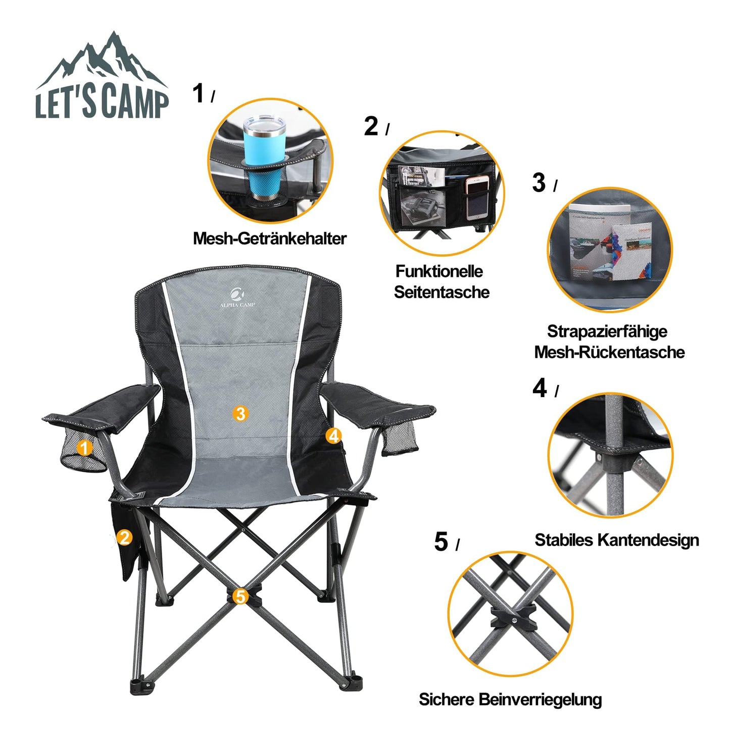 LET'S CAMP Camping Chair Folding Chair Portable Fishing Chair with Drink Holders Storage Pockets Carry Bag Steel Frame up to 160kg for Camping Travel