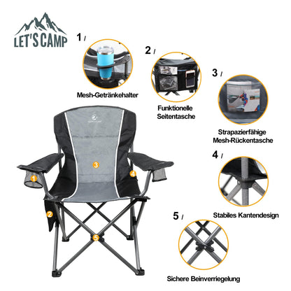LET'S CAMP Camping Chair Folding Chair Portable Fishing Chair with Drink Holders Storage Pockets Carry Bag Steel Frame up to 160kg for Camping Travel