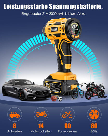 AUTDER 180 PSI Battery Air Compressor - Portable tire inflator with 21V rechargeable battery & 12V DC car adapter, digital air compressor for car, motorcycle, bicycle & sports balls - Yellow