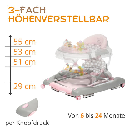 BRONEA® 4-in-1 Baby Walker for ages 6 months and up | Walker with rocking function and musical play panel | Adjustable height, foldable design | Features quiet wheels and brakes for safety
