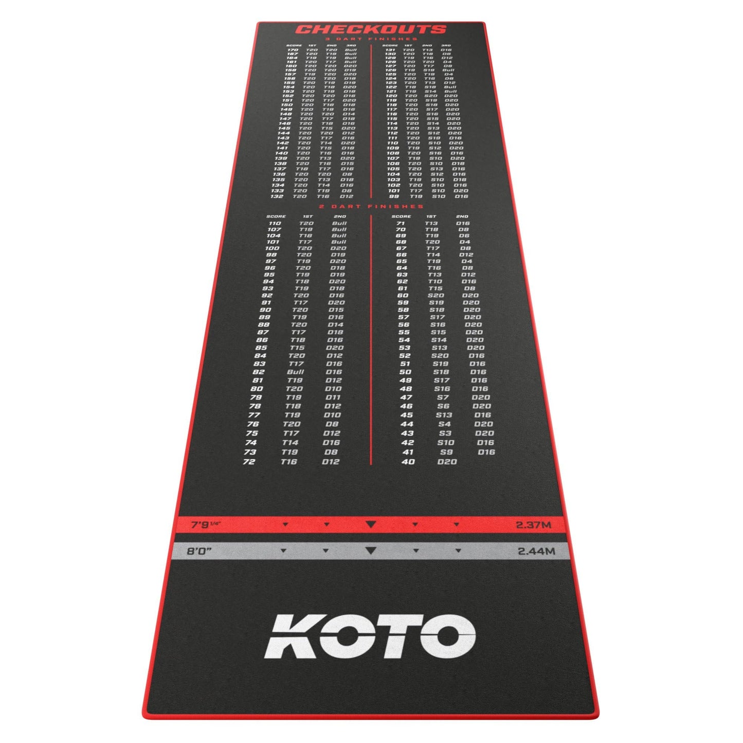 KOTO - Carpet Checkout Red, 285x80cm dart mat, protects floors & darts, with score indication + oche.