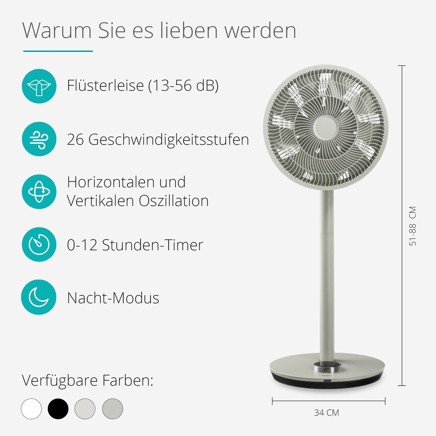 Duux Whisper Flex Smart Stand Fan - Remote & Smartphone Control - Height Adjustable 51-88cm - Quiet Fan with Night Mode and Timer - Energy Efficient 2W, Battery-free - Sage
