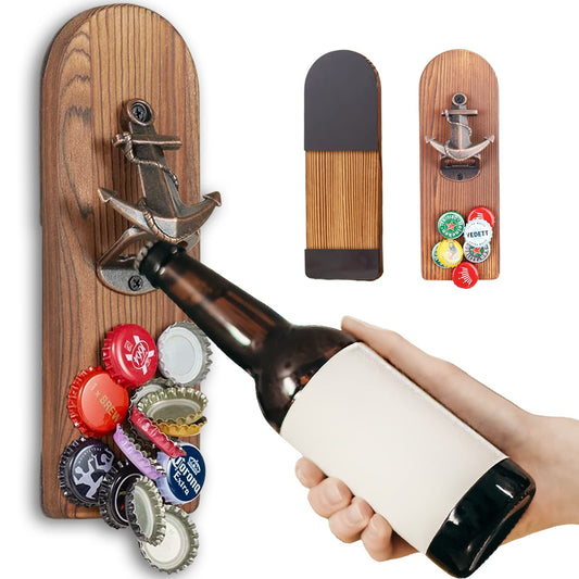 ZONSUSE Bottle Opener Wall Magnet with Catcher, Vintage Wood Beer Opener Wall with Container, Magnetic Bottle Opener, Unique Gift Ideas Gifts for Men Christmas Gifts