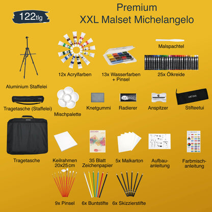 Artina 122tlg XXL Painting Set with Michelangelo Easel - Artist Set Acrylic & Drawing Set - Colored Pencils, Canvas, Brush Set, Watercolors, Pastel Chalk - Great Creative Set for all ages