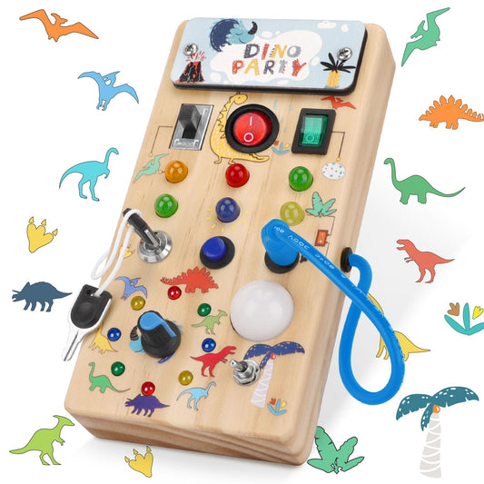 Hello Dinosaur Montessori Busy Board for 1 year old Montessori toy with 8 LED light switch toy Activity Board Wooden toy Motor skills toy Sensory learning toy for babies