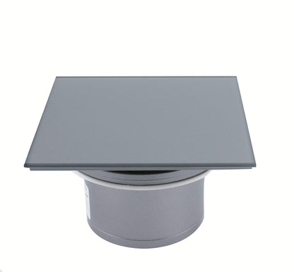 Bathroom fan with integrated backdraft damper, glass front, powerful 105 m³/h, very quiet 39 dB, ball bearings, made in EU. Available in white or silver (105 m³/h).