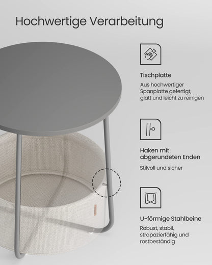 VASAGLE round side table, small table, compact coffee table, fabric basket, storage for living room bedroom, modern nightstand, cement gray-cream white LET223G49