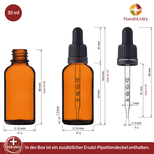 HandsUnity pipette bottle small glass bottle 30ml-12pcs - apothecary set made of amber glass with black pipette cap. Includes 29pcs of additional accessories. Amber glass bottles.