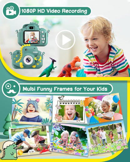 GREENKINDER Children's Camera, 2.0" Screen Kids Camera with 32GB Card, 20MP & 1080P HD Selfie Digital Camera for Children, Dinosaur Gifts for 3-12 Year Old Boys and Girls