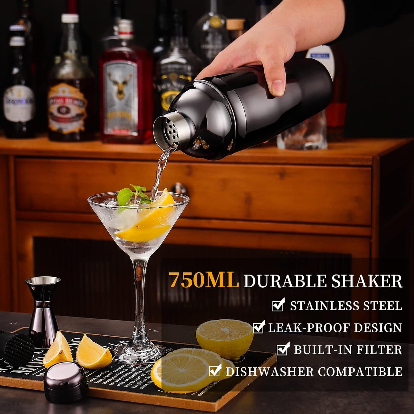 ZBPASL 16pcs Cocktail Shaker Set, Cocktail Set with Cocktail Shaker, Jigger, Ice Tongs, Set for Mixing Cocktails with Muddler, Bottle Opener, Shaker Cocktail Set, Bar Tool Set (Black 02)
