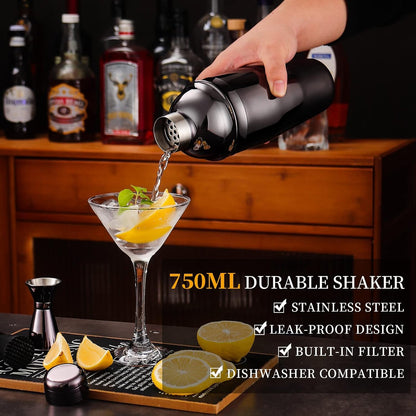 ZBPASL 16pcs Cocktail Shaker Set, Cocktail Set with Cocktail Shaker, Jigger, Ice Tongs, Set for Mixing Cocktails with Muddler, Bottle Opener, Shaker Cocktail Set, Bar Tool Set (Black 02)