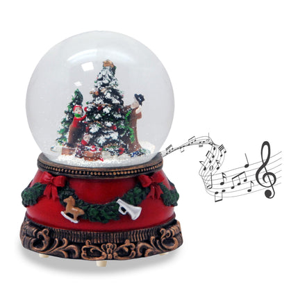 Snow globe decorate Christmas tree | base red with fir garland | with music box | shake ball Christmas decoration | W: 10 cm H: 14 cm | 20272