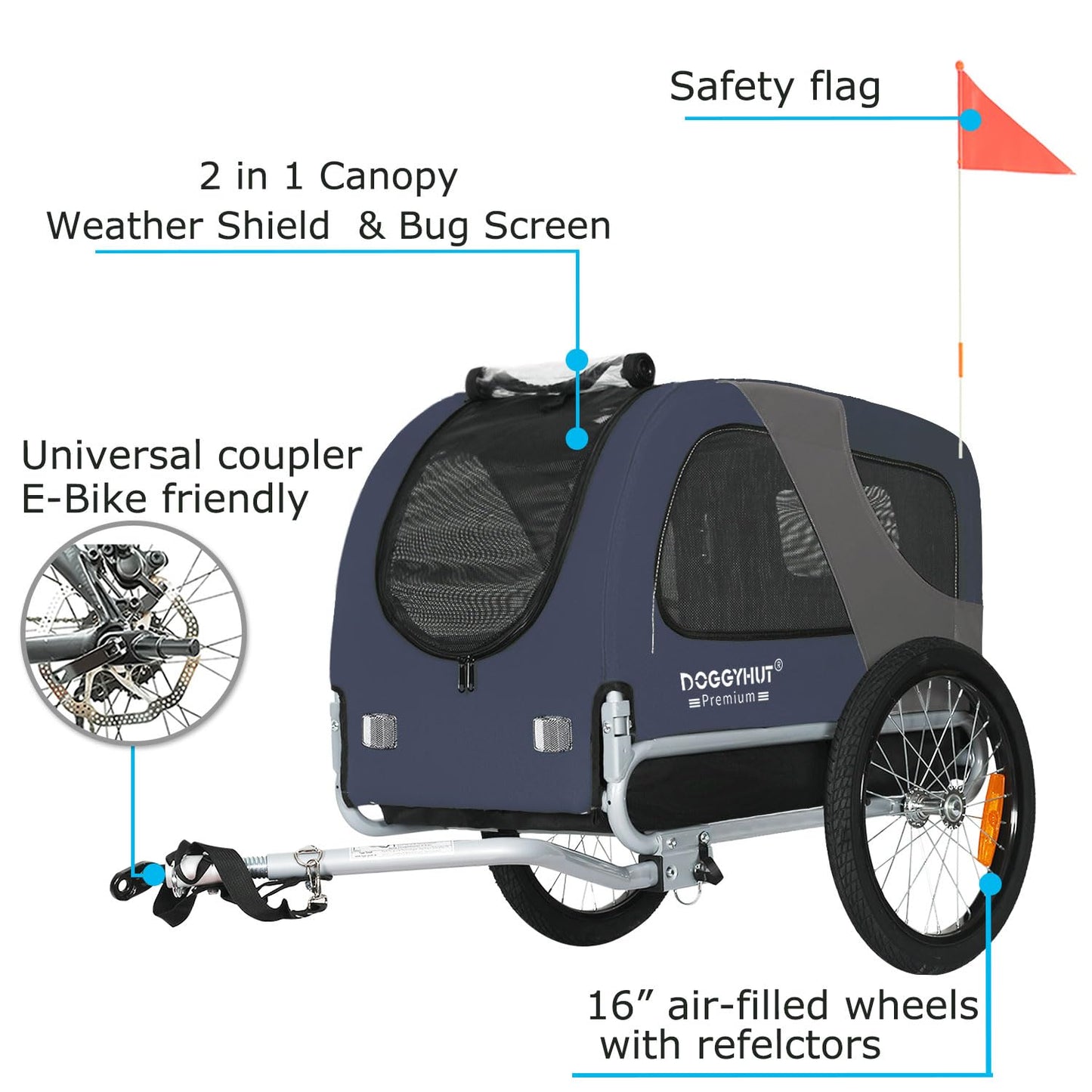 DOGGYHUT® MEDIUM Bicycle Dog Trailer for dogs up to 23 kg Foldable bike trailer (BLUE)