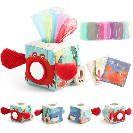 WOODEN TEETHER Personalized Baby Tissue Box Toy (engravable and blessed) Montessori toy for 6 months, Promotes Sensory & Motor Skills, with mirrors, Boys & Girls Gift (Crabs)