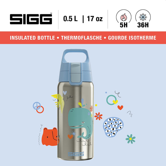 SIGG - Insulated kids water bottle - Shield Therm One Whale Friend - Suitable for carbonated drinks - Leak proof - Dishwasher safe - BPA free - 90% recycled stainless steel - Brushed & Blue with whale - 0.5L