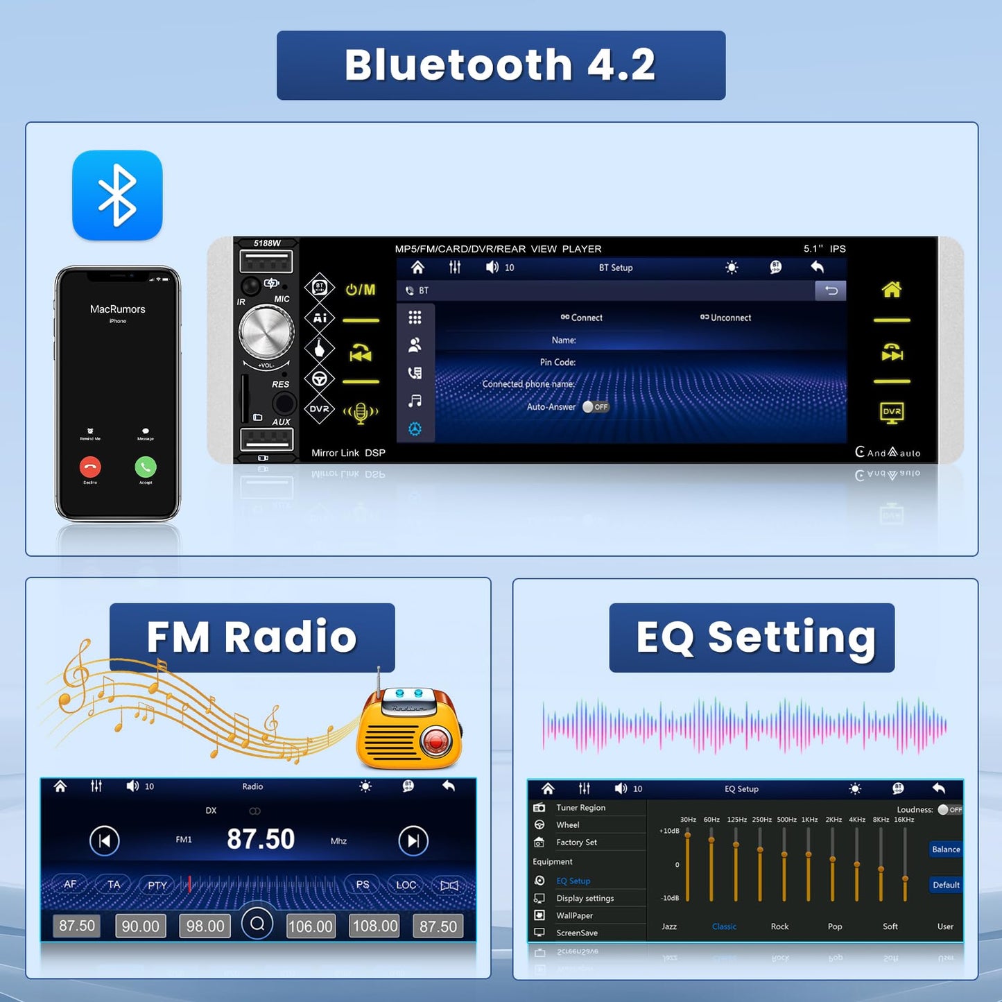 Hikity 1Din car radio with Bluetooth rear camera, 5.1 inch touchscreen car radio with wireless CarPlay & Android Auto, Bluetooth, two USB ports, remote control, mic, FM radio.
