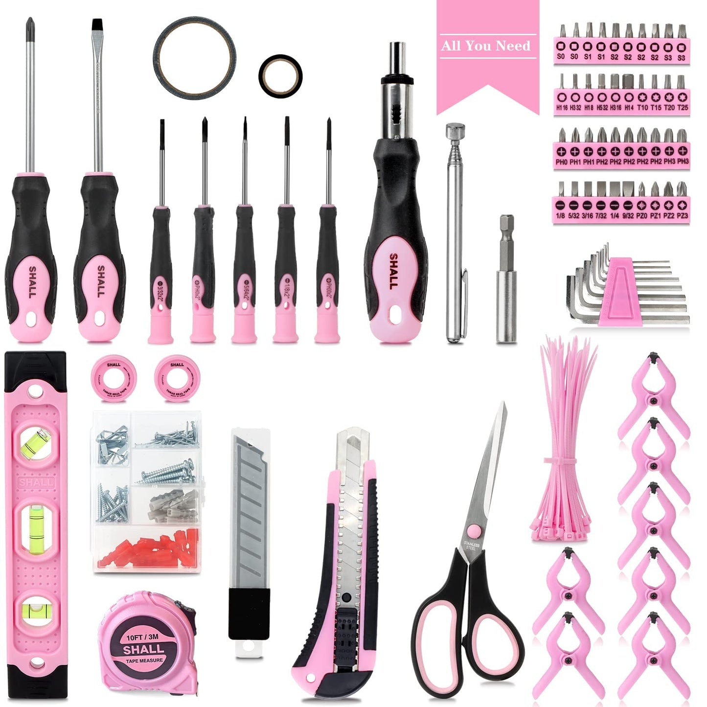SHALL Pink Tool Set, 246-piece Women's Basic Tool Kit for Home with 14" Wide Mouth Open Tool Bag, General Household Hand Tool Set