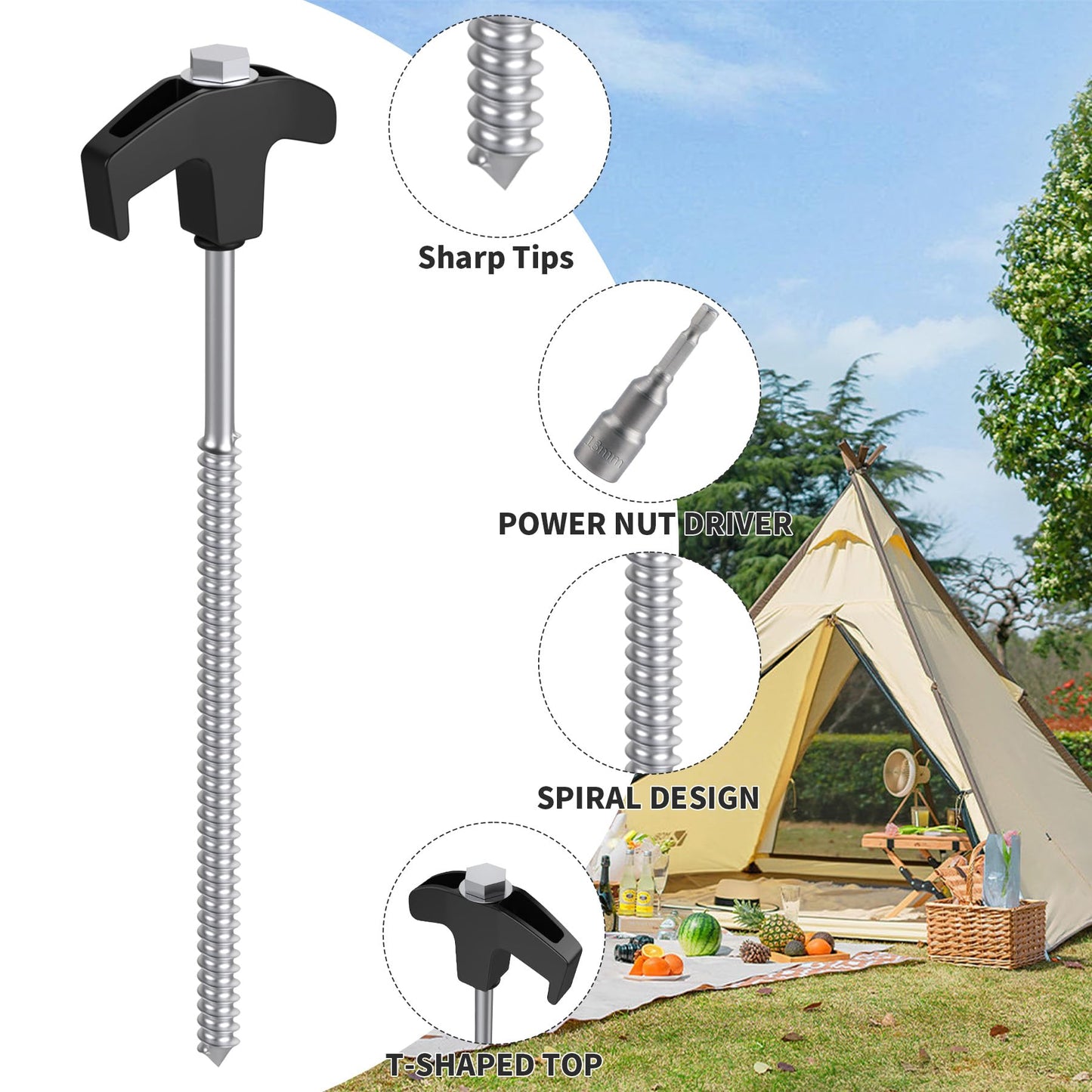 Forever Speed 30 Piece Steel Tent Stakes with Box [Bit & Nail Puller included] 25 cm Camping Pegs Steel Ground Anchor Rock Ground Stake for hard grounds, forests, meadows - Black + Silver