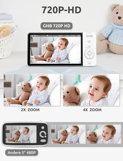 GHB baby monitor with camera 5 inch 720P HD 5000mAh IPS display VOX mode digital zoom night vision two-way talk temperature display ABM700