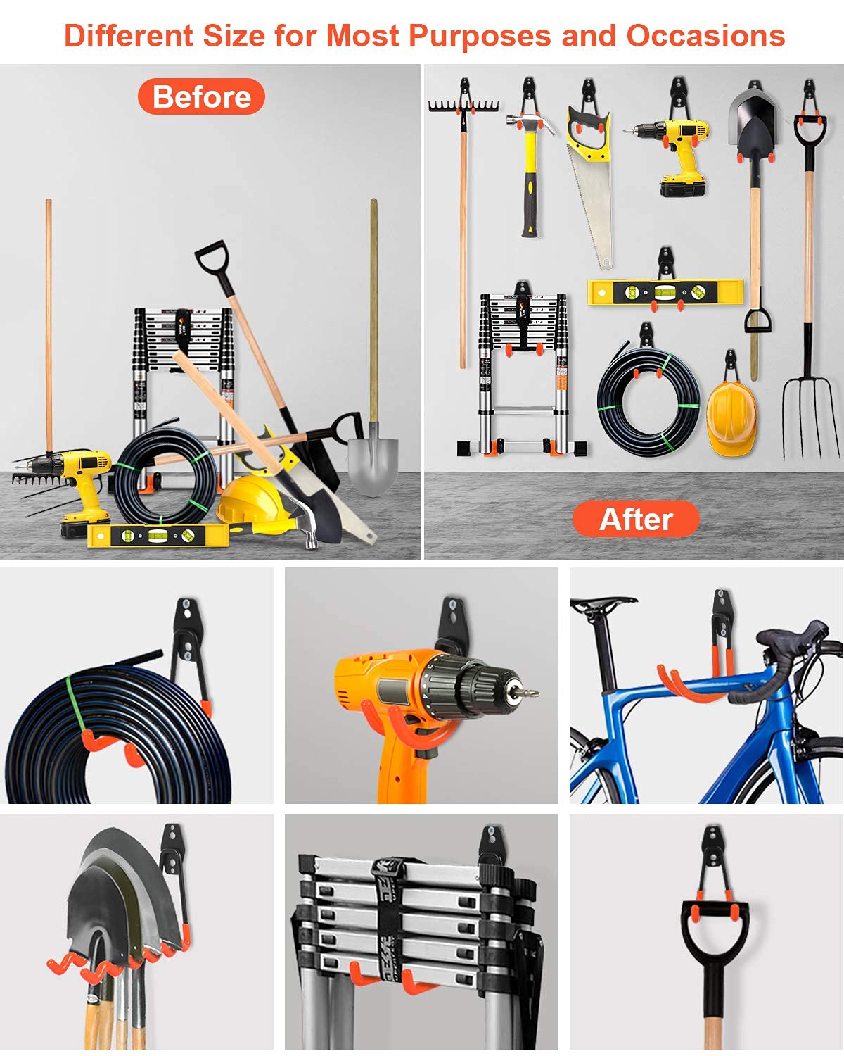 AojSup 12 Pack Wall Hooks for Garage, Heavy Duty Garage Hooks, Double Hooks for Garage, Garage Storage Hooks for Organizing Ladders, Chairs, Hose, Bikes, Power Tools Bulky Items (Orange)