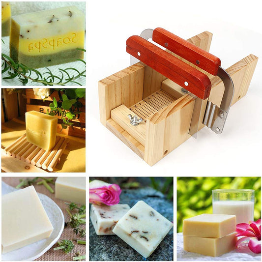 UHAPEER DIY Soap Silicone Mold Set 9 Pieces, Adjustable Wooden Soap Cutter Kit, Handmade Soap Making Tool, Soap Making Kit with Wooden Box, Silicone Soap Mold
