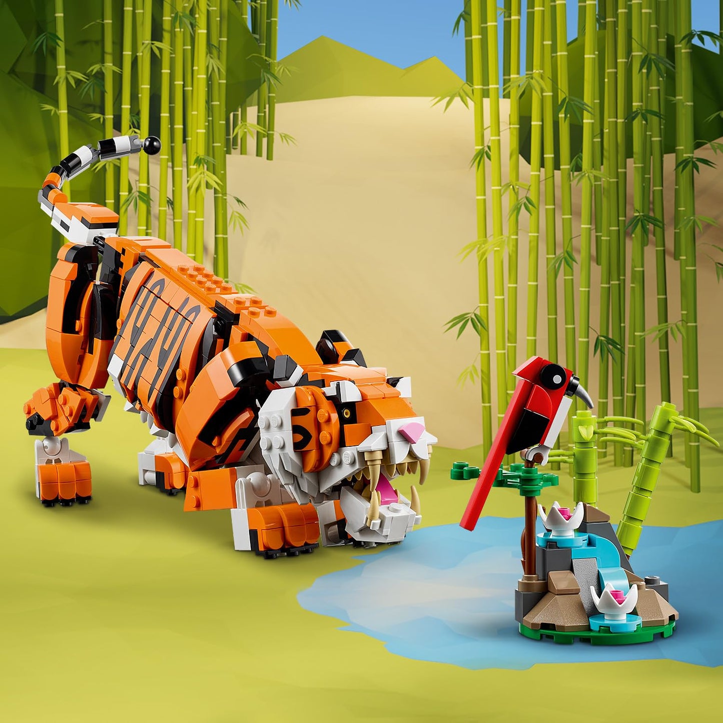 LEGO 31129 Creator Majestic Tiger, Panda or Fish & 31088 Creator Deep Sea Creatures, toy with sea animal figures: Shark, Crab, Squid, and Anglerfish, set for kids ages 7+.
