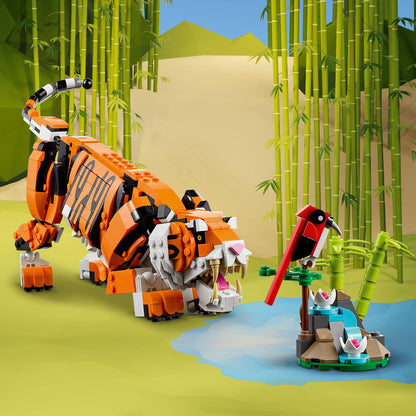 LEGO 31129 Creator Majestic Tiger, Panda or Fish & 31088 Creator Deep Sea Creatures, toy with sea animal figures: Shark, Crab, Squid, and Anglerfish, set for kids ages 7+.