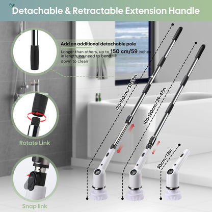 Electric cleaning brush, 9 IN 1 Spin Scrubber Cordless with 8 drill brushes heads, Acemall 152cm Adjustable Handle, 3 speeds for bathroom, bathtub, kitchen, floor, grooves.