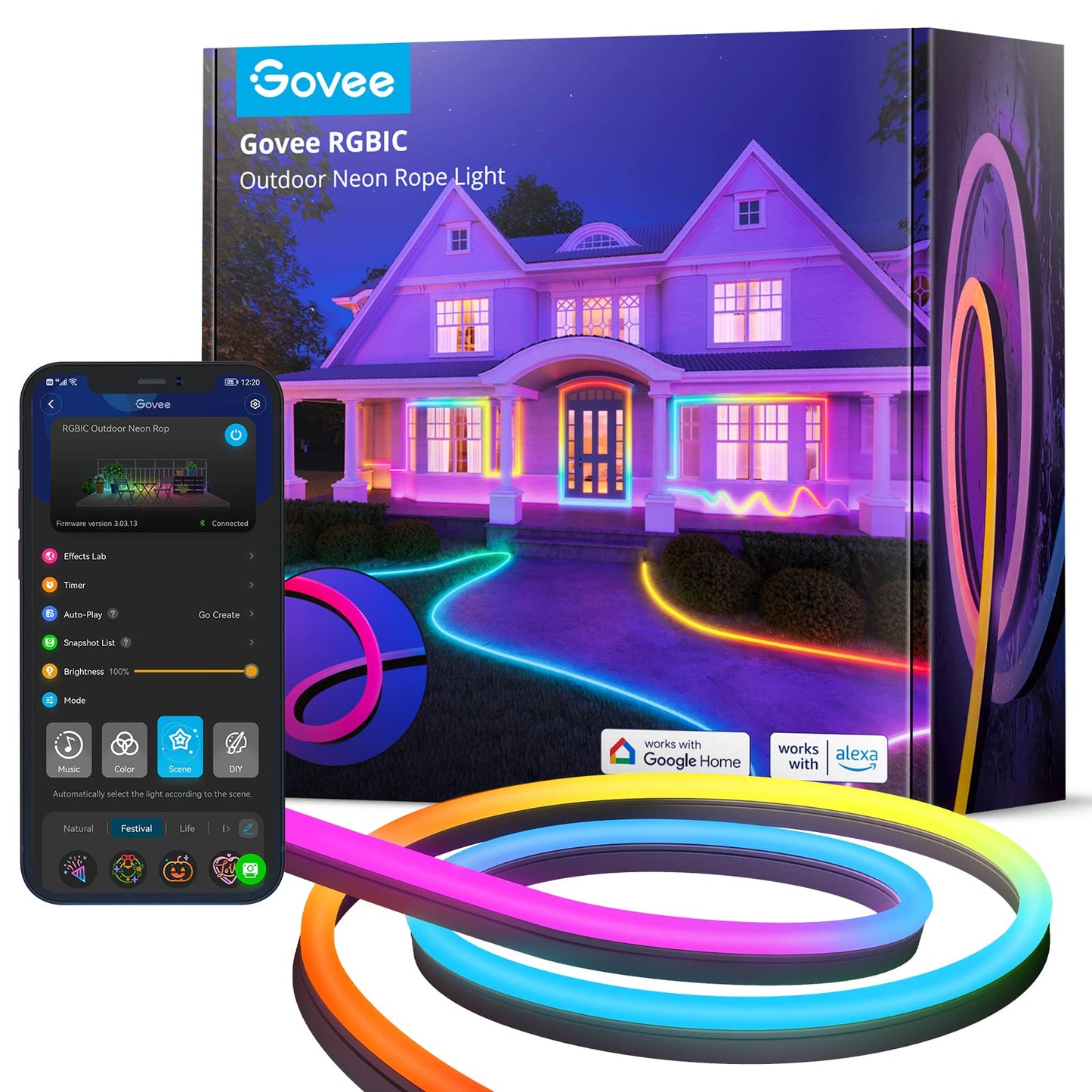 Govee Outdoor Neon LED Strip 10m, RGBIC LED strip with 64+ scene modes, Music Sync, works with Alexa and Google Assistant, IP67 waterproof ground lights for garden wall and floor decoration.