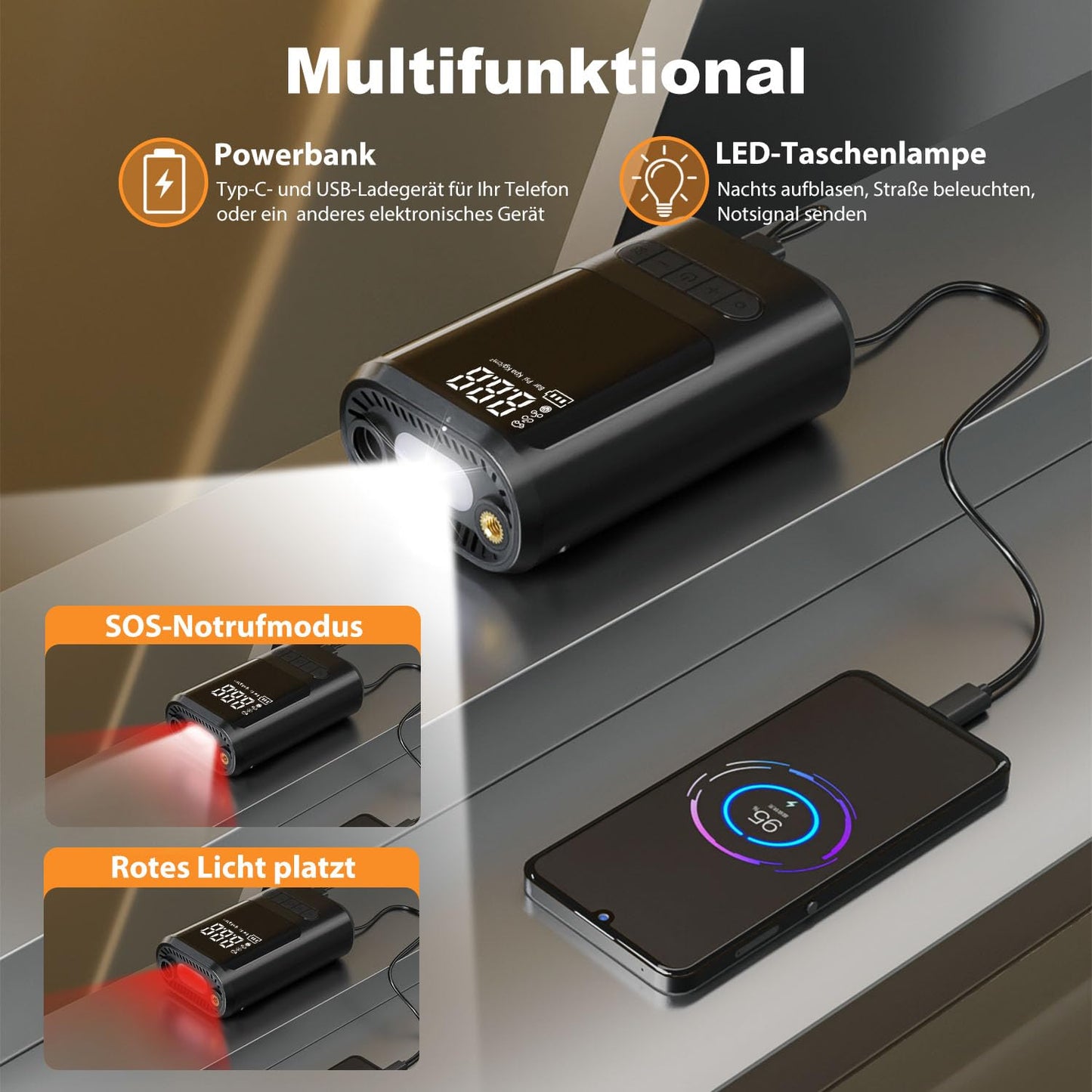 ZORUMAN 6000mAh Mini Portable Electronic Air Pump, 150PSI Battery, Electric Bike Pump with Digital Display and Emergency Lighting, Pump for Car, Motorcycle, Bicycles, Balls.