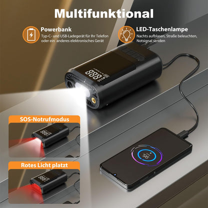 ZORUMAN 6000mAh Mini Portable Electronic Air Pump, 150PSI Battery, Electric Bike Pump with Digital Display and Emergency Lighting, Pump for Car, Motorcycle, Bicycles, Balls.
