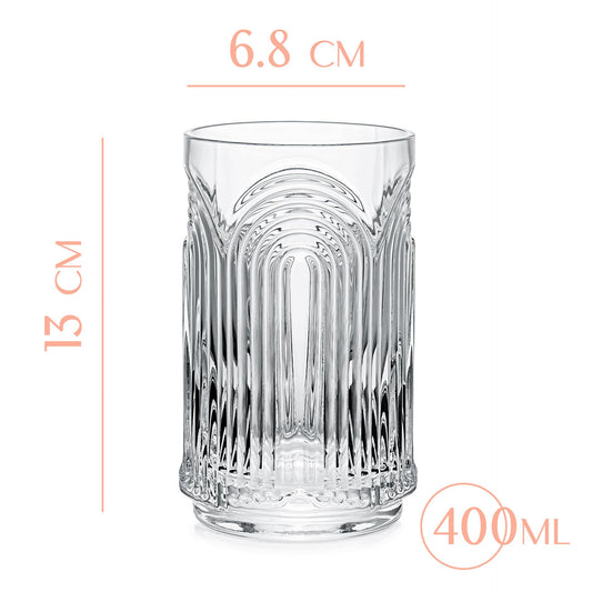 GLASSIQUE CADEAU Vintage Art Deco 1920s Gin Cocktail Highball Glasses with Relief for Caipirinha, Mojito, Gin Tonic, Cuba Libre | Set of 4 | 400 ml Highball Cocktail Glasses