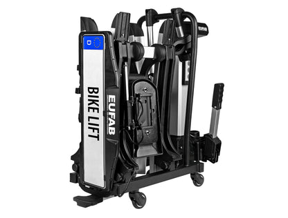 EUFAB 11535 Bike Carrier BIKE LIFT, suitable for E-Bikes, fully pre-assembled, electric lowering function, anti-theft protection, for 2 bikes, for towbar, 135x74x74cm