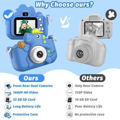 Children's camera, masterbee digital camera dinosaur toy, Christmas/birthday gifts for kids, 1080P HD kids camera, children's toy/gift boy/girl gifts 3-12 years old Blue