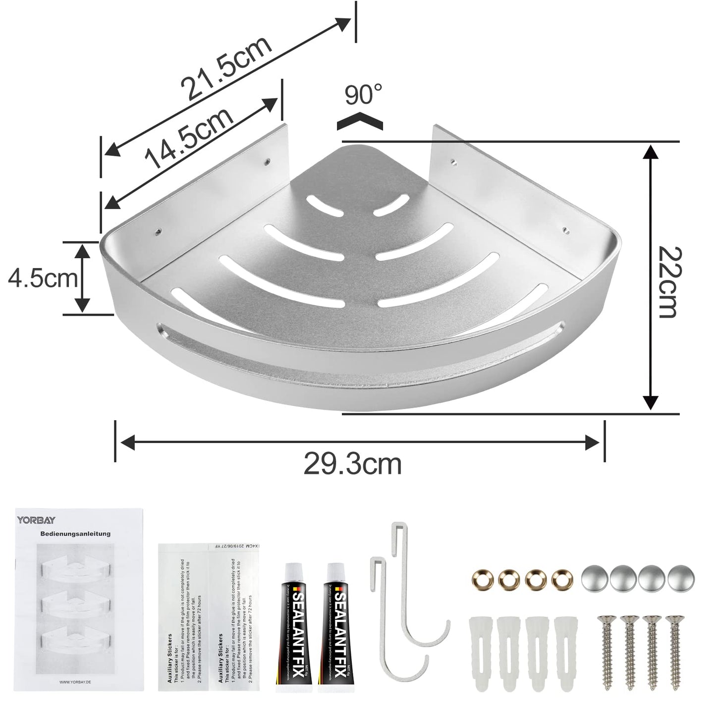 Yorbay shower shelf without drilling with mounting material, shower corner shelf without drilling, triangle bathroom shelf made of aluminum with hooks, bathroom shelf 3 piece set.