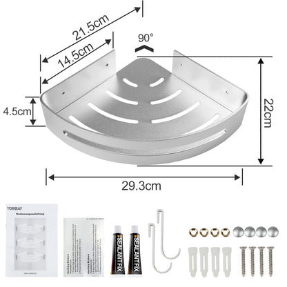 Yorbay shower shelf without drilling with mounting material, shower corner shelf without drilling, triangle bathroom shelf made of aluminum with hooks, bathroom shelf 3 piece set.