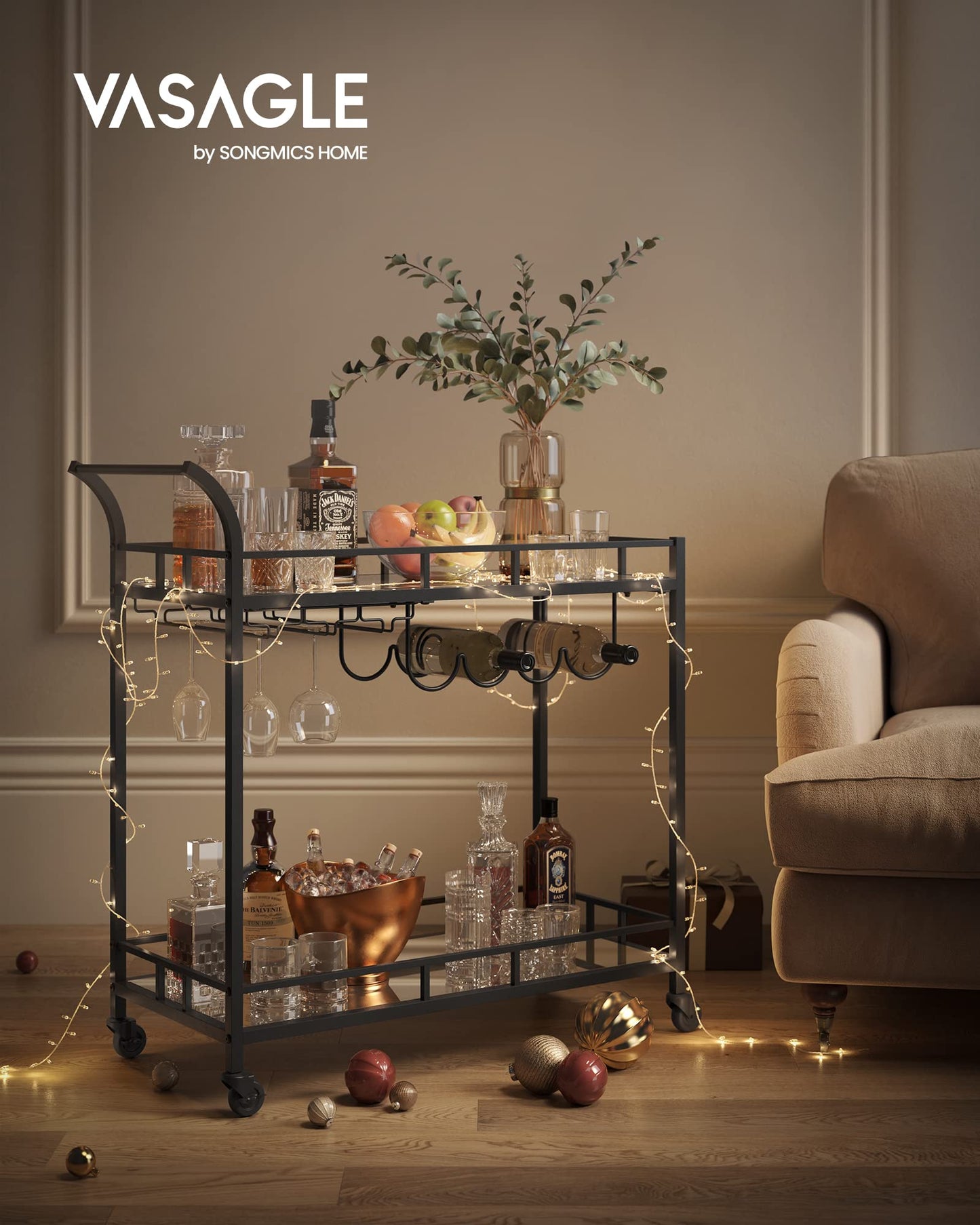 VASAGLE serving cart, rolling cart, glass holder, 2 mirrored glass shelves, bar cart, wine cart, for kitchen, dining room, bar, black LRC090B62