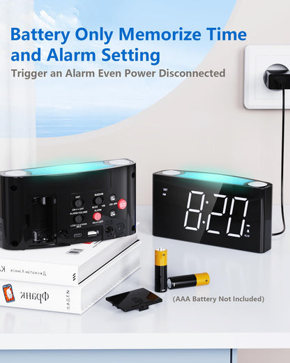 Alarm clock with vibration for deep sleepers & hearing impaired, Type C charger, 12/24 H, loud alarm with 7 ear-piercing levels, large LED display, dimmer, snooze, battery backup, digital alarm clock for bedroom.