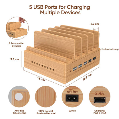 Alltripal charging station Multiple bamboo devices with 5 USB ports charger Multiple mobile phone charging station USB Multiple